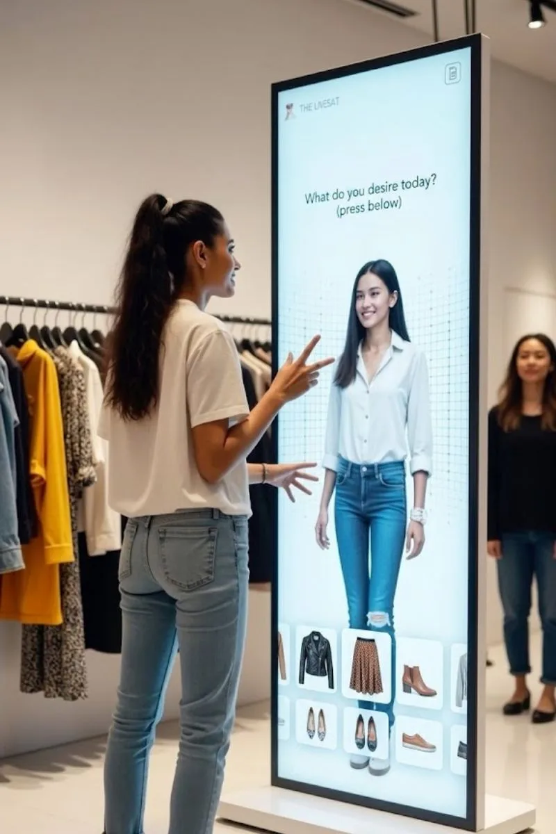 Pantalla digital interactiva de publicidad en tienda de ropa con cliente usando el sistema táctil